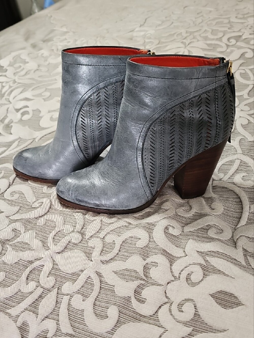 Coach Gray Leather Cutout Booties with Stacked Heel